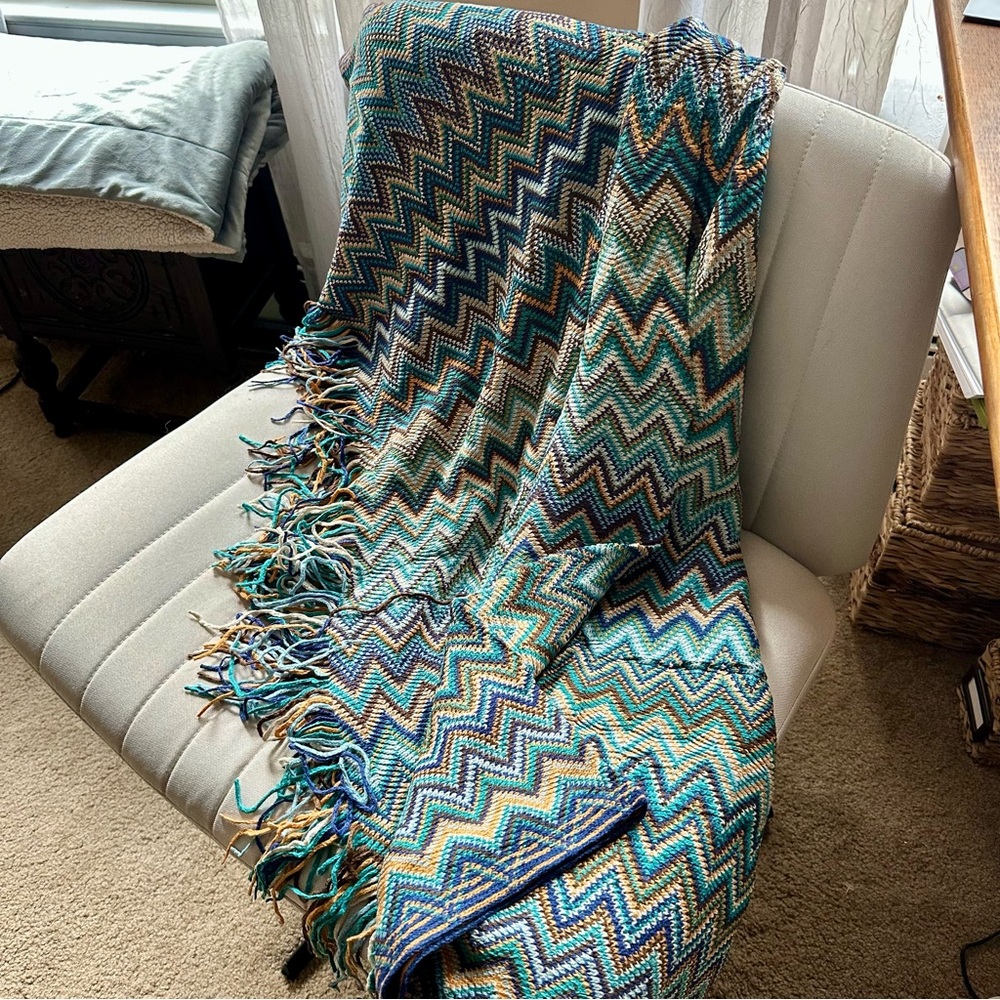Lalifit Geometric Fringe Knit Throw Blanket in‎ Blue